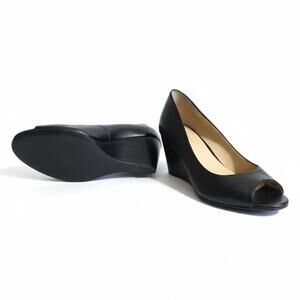 Nine West Black Leather Wedge Peep Toe Shoes – Size 10M